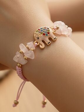 Rose Quartz Crystal Beaded Elephant Bracelet Adjustable String Gold Enamel Charm